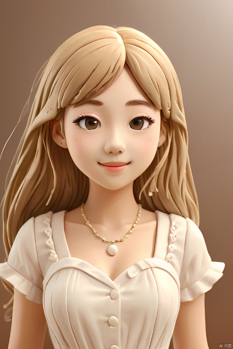 1girl,blonde hair,smile,cute,air bangs,long hair,delicate facial features,black eyes,upper body,white dress,simple background,clay,3D clay,best quality,Ultra HD,Ultra Details,masterpiece,