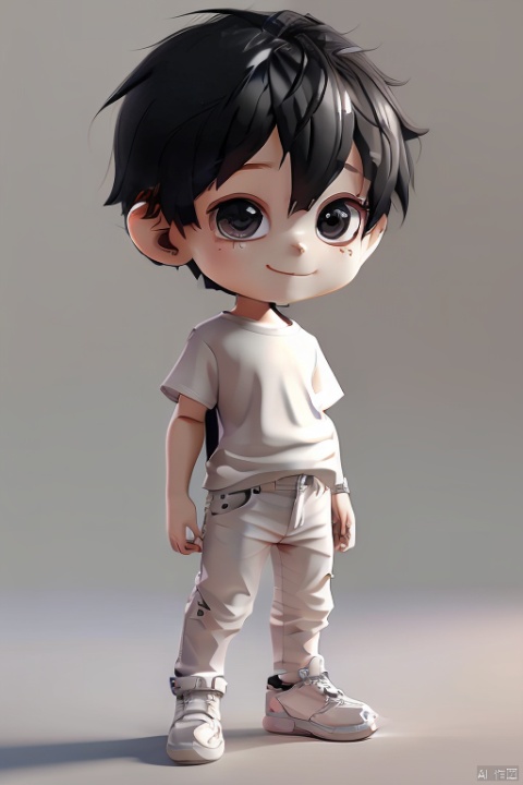 ccip,1boy,big eyes,short hair,chibi,white t-shirt,white pants,black shoes,3D,C4D,oc rendering,ray tracing,(best quality),((masterpiece)),(an extremely delicate and beautiful),original,extremely detailed wallpaper,