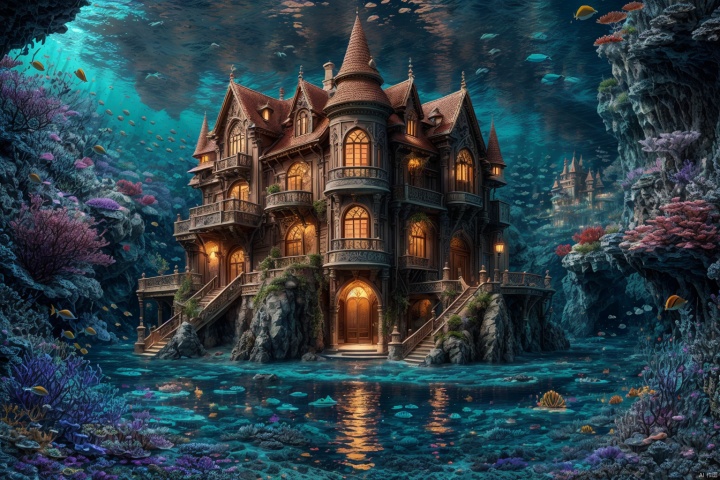  submarine villa,villa,castle under the sea,blue water around the villa,amazing,ray tracing,best quality,extreme detail,masterpiece,UHD,16k,wallpaper,poster,film texture,award-winning,(best quality), ((masterpiece)), (an extremely delicate and beautiful), original, extremely detailed wallpaper