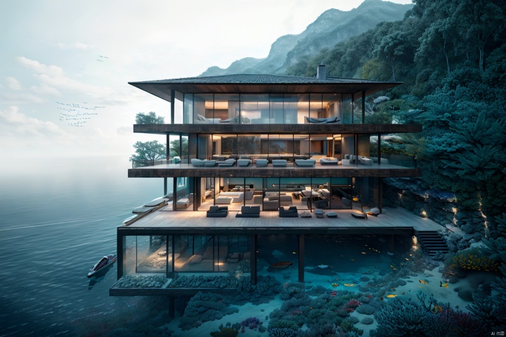  submarine villa,underwater architecture,blue ocean around the villa,amazing architecture, outdoors,bird,flsh,boat,
building,water,scenery,ray tracing,best quality,extreme detail,masterpiece,UHD,16k,wallpaper,poster,film texture,award-winning, dvarchmodern, outdoor