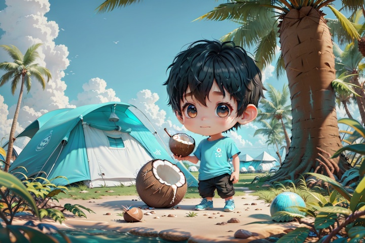  ccip,1boy,seaside, (tents), camping, barbecues, parties,big eyes,big nose,black eyes,black hair,short hair,chibi,sky blue T-shirt,white pants,black shoes,coconut in his hand,coconut trees,grass,blue sky,3D,C4D,oc rendering,ray tracing,(best quality),((masterpiece)),(an extremely delicate and beautiful),original,extremely detailed wallpaper,