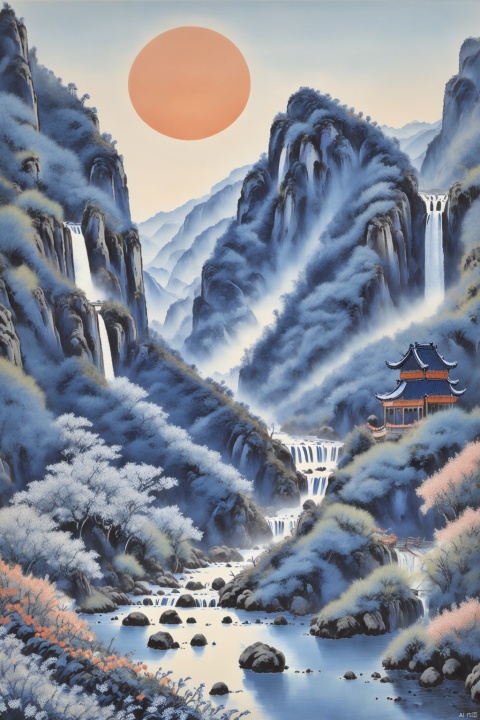 Blue and white porcelain style landscape painting,landscape painting, sun, mountains, waterfalls, Waterfalls cascade down from the top of the mountain, (best quality), ((masterpiece)), (an extremely delicate and beautiful), original, extremely detailed wallpaper, bon_clay