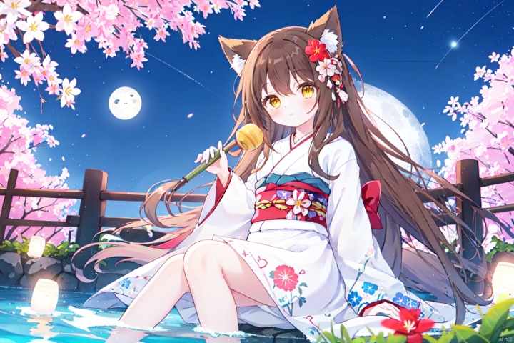 (masterpiece), (best quality),artist Hiten, 1girl, japanese clothes, flower, kimono, solo, mask, long hair, hair flower, hair ornament, fox mask, holding, looking at viewer, red flower, night, brown hair, moon, floral print, holding flower, full moon, spider lily, sitting, bangs, wide sleeves, mask on head, outdoors, yellow eyes, sky, blurry, print kimono, long sleeves, closed mouth, night sky, lantern, expressionless, blurry background, water,[artist mmd],