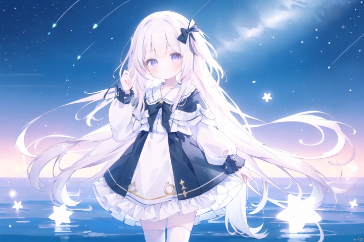 In this beautiful and quiet two -dimensional illustration, a girl stands under the slow-falling night sky that falls slowly. She has a pink two-side-up hair with a black bow, which is in sharp contrast to the ruby-like eyes. She was wearing a white -collar shirt with a black bow on her neck, while the fluffy white long sleeves gently hugged her arm. Her dress was completed by a simple black pleated skirt and a pair of pure white stockings, paired with simple black shoes. The pattern formed by the stars and lines is low -key on her clothes, like a meteor trajectory in the night sky. The girl's expression was indifferent and the posture was quiet, and the simple star magic stick in her hand seemed to point to the distant dream. The overall atmosphere is full of peace, bringing viewers into a tranquil and magical world, making people feel heart.