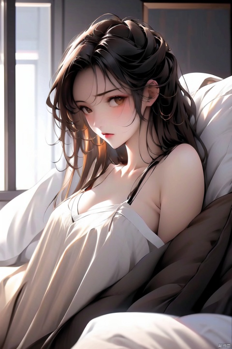 , nai3, 1girl, solo,brown eyes,short hair,brown hair,hair band, lie in sofa,nightwear,living room,Laziness,with helplessly expression,tearing hair out,(masterpiece), 