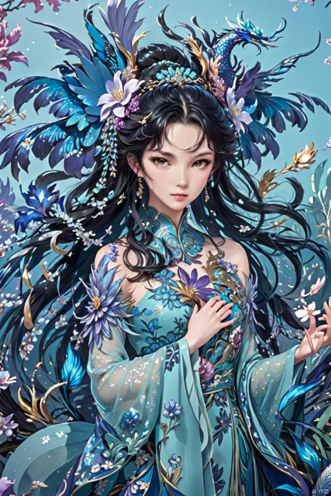  Numerous Flowers Fashion, 1 Dragon, Girl Body, With A Pair Of Suzaku Phoenix Big Wings On Shoulder, Sparkling, Solo, Dress, Black Hair, Flower, Aqua Dress, Blue Dress, Looking At The Viewer, Floral Background, Sleeveless, Reality, Parted Lips