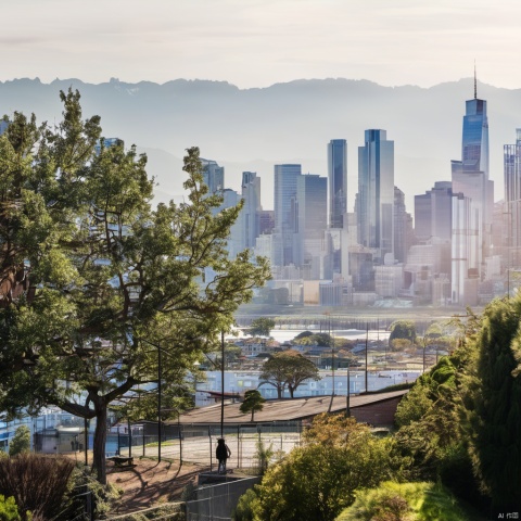  outdoors, tree, no humans, building, scenery, city, fence, cityscape,sunny