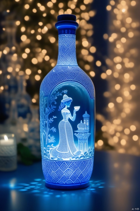 A carved blue and white porcelain wine bottle on the table, housing a translucent elf. Surrounded by soft lighting and delicate shadow effects.