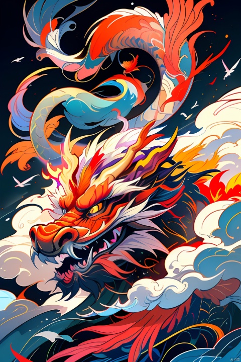  Best quality,masterpiece,ultra high res,nu no humans, (long:1.2),, no humans, cloud, architecture, east asian architecture, red eyes, horns, open mouth, sky, fangs, eastern dragon, cloudy sky, teeth, flying, fire, bird, wings