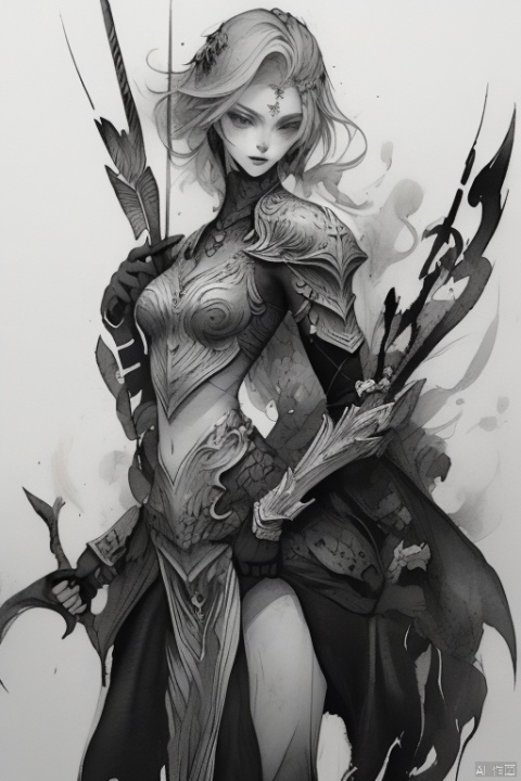 A beautiful dual-wielding female warrior,Ink wash style,