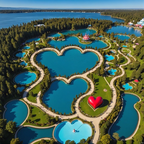 (wonderland:2),
Heart shaped lake,,
,Landscape Park,
﻿sea,
Blue sky,
No clouds,
Transparent waves,
﻿Water Park,
Waterfall,
,
best quality, masterpiece, high res, absurd res,
perfect lighting, intricate details,