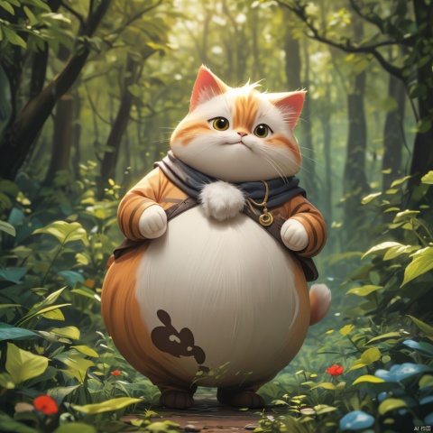  master piece, high quality, fat cute cat, with a belly, in the forest, fat,cute, wu