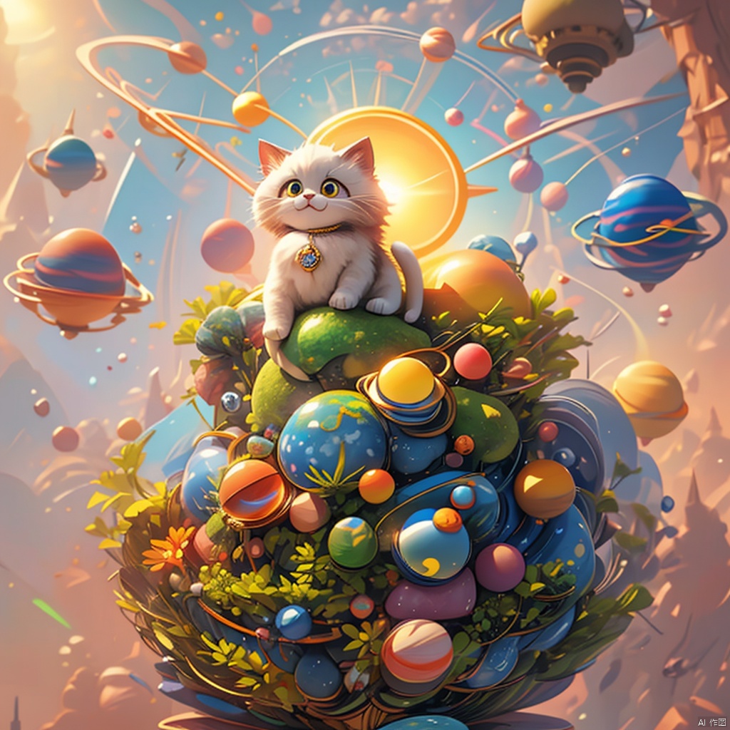  master piece, high quality, fat cute kitten , with a belly, fat,cute, wu,In space,
Planets made of gold and gemstone materials,, gold and gemstones,Sunrise,
Holy radiance,The solar system made of gold and gemstones, shine eyes01