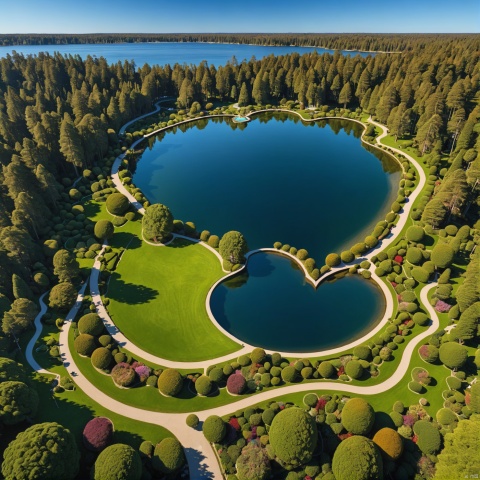 (wonderland:2),
Heart shaped lake,,
,Landscape Park,
﻿sea,
Blue sky,
No clouds,
Transparent waves,
﻿
Waterfall,
,
best quality, masterpiece, high res, absurd res,
perfect lighting, intricate details,