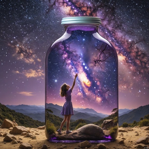A beautiful natural glass bottle landscape, with a purple Milky Way bottle filled with a little girl calling out,
