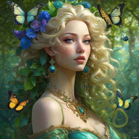  ( 3D :1.0),( 2.5D :1.0),( reality :1.),
Transcendent eyes,Joyful,Happy,Exciting,


digital painting, luminism, golden lines, BjD doll face, porcelain skin, baroque, long swirling green hair, lavish green leaves, falling blue flowers, celestial lighting, butterflies, tree branches, sky, golden glowing, water drops,

best quality, masterpiece, high res, absurd res,
perfect lighting, vibrant colors, intricate details,
high detailed skin, pale skin,
