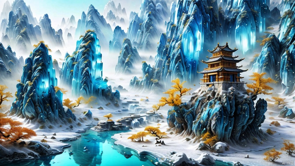  Miniature landscape, Chinese Tang Dynasty landscape painting, Zen aesthetics, Zen composition, Chinese architectural complex, transparent quartz crystal, X-ray crystallography, colored glaze, snow, luminescence, cyan light, ice silk fiber, macro lens, rich light, luminous mountains, mountains, clouds and mist, depth of field, extreme detail, incomparable detail, film special effects, realistic, 3D rendering, fine detail