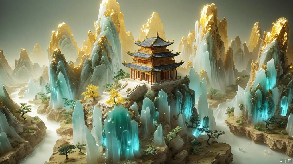  Micro landscape, Chinese Tang Dynasty landscape painting, Zen aesthetics, Zen composition, Chinese architectural complex, transparent quartz crystals, transparent mountains, glass luster, flowing luminous particles, macro lens, rich light, luminous mountains, steep mountains, minimalism, extreme details, unparalleled details, movie special effects, realism, 3D rendering, fine details,Countryside fields,Golden fluorescent river,,,,

