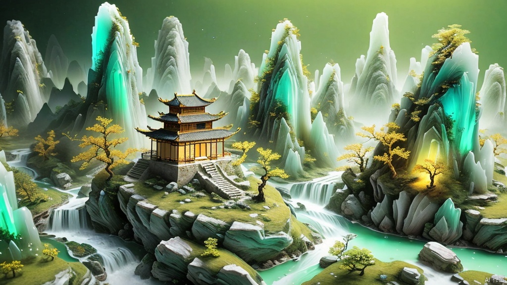  Micro landscape, Chinese Tang Dynasty landscape painting, Zen aesthetics, Zen composition, Chinese architectural complex, transparent quartz crystals, transparent mountains, glass luster, flowing luminous particles, macro lens, rich light, luminous mountains, steep mountains, minimalism, extreme details, unparalleled details, movie special effects, realism, 3D rendering, fine details,Countryside fields,Green fluorescent river,,,,

