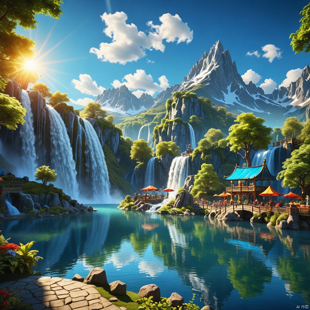  blue sky, Fantasy Park,
Mountain,
Waterfall,




,Lakes,

(wonderland:1
),
Adequate sunlight,reflection, true light and shadow, perfect lighting,
no humans,Realistic, 
Overlooking,
Representative,boutique, Masterpiece, Intricate, 
High Quality, Best Quality, 
Ultra HD,high res, 
Full Detail,

,Authenticity,
Take photos,

﻿