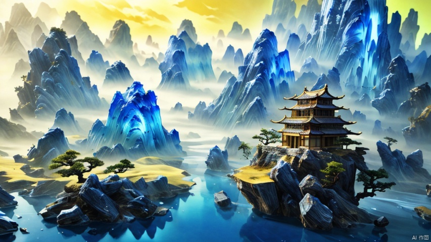  Miniature landscape, Chinese Tang Dynasty landscape painting, Zen aesthetics, Zen composition, Chinese architectural complex, transparent quartz crystal, X-ray crystallography, colored glaze,  luminescence, cyan light, ice silk fiber, macro lens, rich light, luminous mountains, mountains, clouds and mist, depth of field, extreme detail, incomparable detail, film special effects, realistic, 3D rendering, fine detail