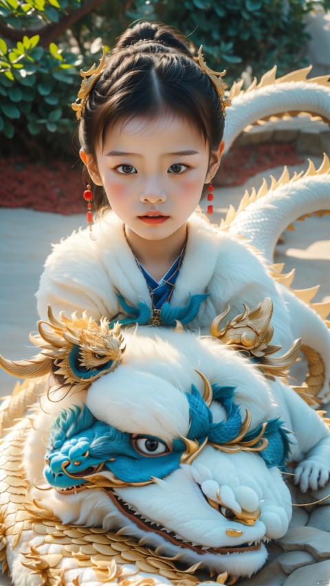  1girl, 5 years old, cute, photo, real, masterpiece, 32k, best quality, Chinese dragon,,white,