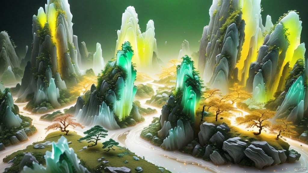  Micro landscape, Chinese Tang Dynasty landscape painting, Zen aesthetics, Zen composition, Chinese architectural complex, transparent quartz crystals, transparent mountains, glass luster, flowing luminous particles, macro lens, rich light, luminous mountains, steep mountains, minimalism, extreme details, unparalleled details, movie special effects, realism, 3D rendering, fine details,Countryside fields,Green fluorescent river,,,,

