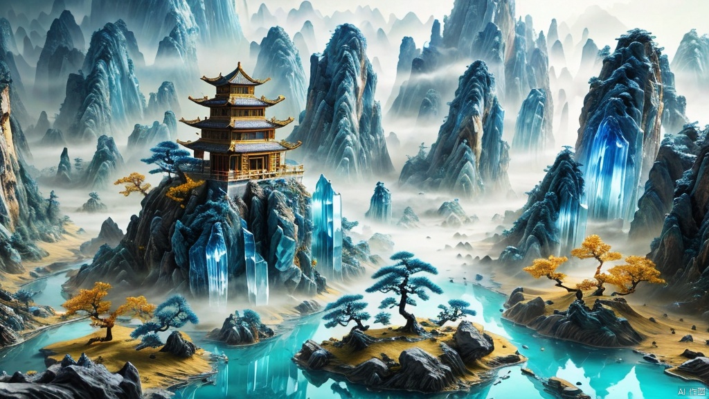  Miniature landscape, Chinese Tang Dynasty landscape painting, Zen aesthetics, Zen composition, Chinese architectural complex, transparent quartz crystal, X-ray crystallography, colored glaze,  luminescence, cyan light, ice silk fiber, macro lens, rich light, luminous mountains, mountains, clouds and mist, depth of field, extreme detail, incomparable detail, film special effects, realistic, 3D rendering, fine detail