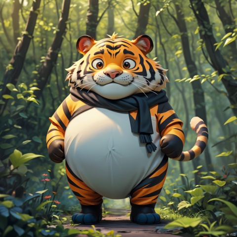  master piece, high quality, fat cute tiger, with a belly, in the forest, fat,cute, wu