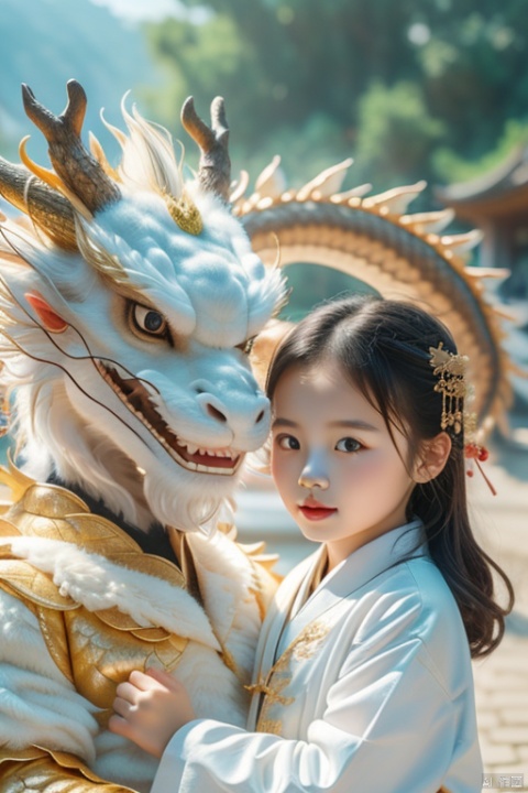  1girl, 5 years old, cute, photo, real, masterpiece, 32k, best quality, Chinese dragon,yellow.