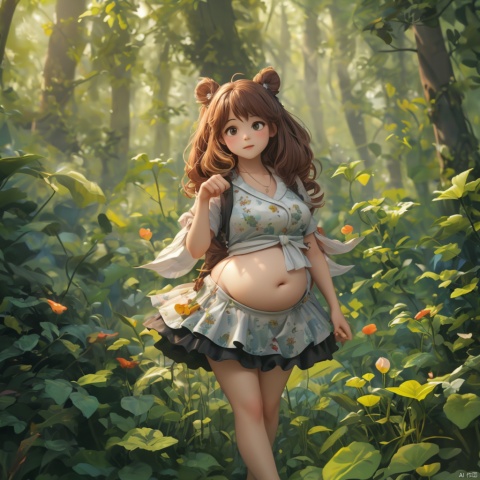  master piece, high quality, fat cute chick , with a belly, in the forest, fat,cute, wu