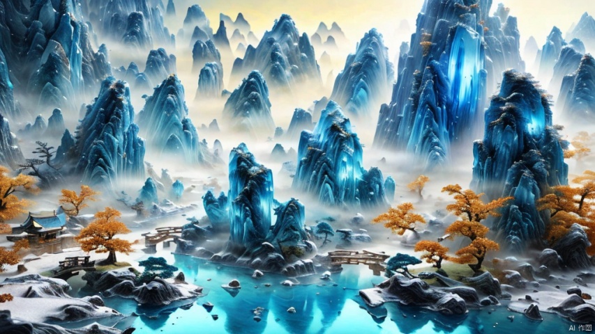  Miniature landscape, Chinese Tang Dynasty landscape painting, Zen aesthetics, Zen composition, Chinese architectural complex, transparent quartz crystal, X-ray crystallography, colored glaze, snow, luminescence, cyan light, ice silk fiber, macro lens, rich light, luminous mountains, mountains, clouds and mist, depth of field, extreme detail, incomparable detail, film special effects, realistic, 3D rendering, fine detail