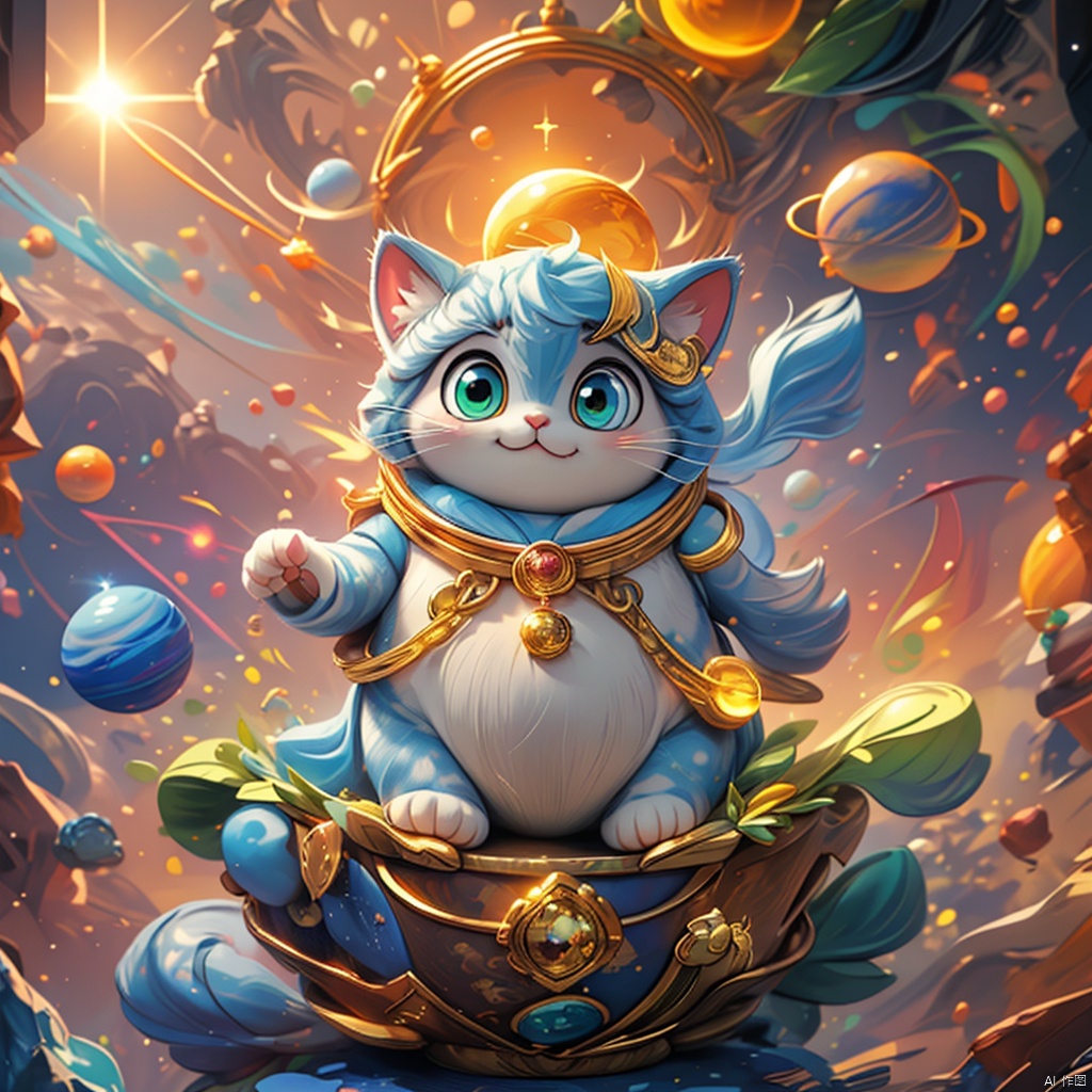  master piece, high quality, fat cute kitten , with a belly, fat,cute, wu,In space,
Planets made of gold and gemstone materials,, gold and gemstones,Sunrise,
Holy radiance,The solar system made of gold and gemstones, shine eyes01