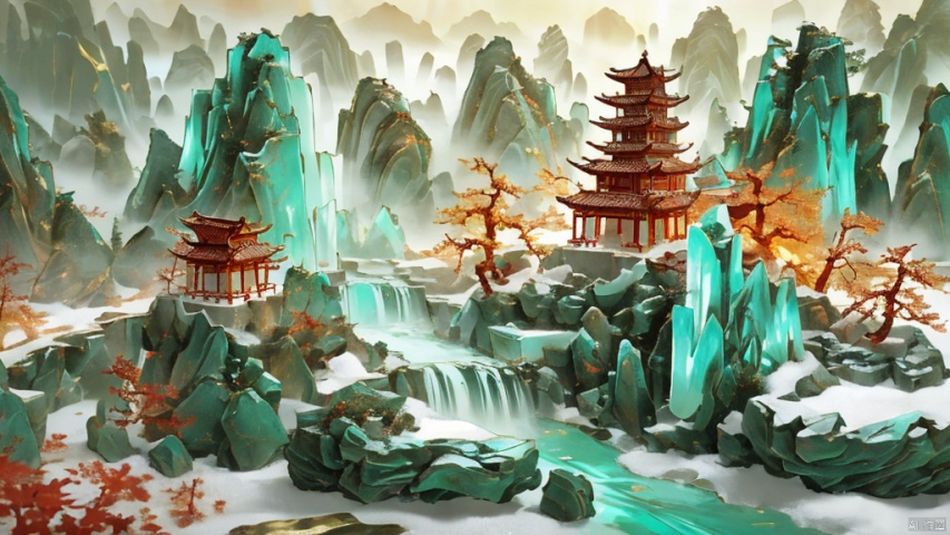  Miniature landscape, Chinese three-dimensional landscape painting, Zen aesthetics, Zen composition, Chinese architectural complex, red copper mine, ore crystallization, red mountains, flowing particles, macro lens, rich light, luminous mountains, mountains, clouds, minimalism, extreme details, incomparable details, film special effects, lifelike, 3D rendering, fine details