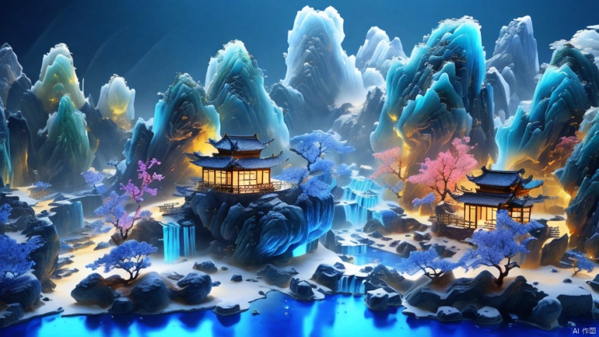  Micro landscape, Chinese three-dimensional landscape painting, Zen aesthetics, Zen composition, Chinese architectural complex, blue copper mine, peacock green, flowing particles, macro lens, rich light, glowing mountains, high mountains, clouds, minimalism, ultimate details, unparalleled details, electric effects, realism, 3D rendering, fine details
