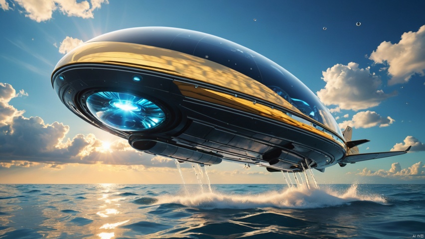  (Speedboat spacecraft 1.0),
(Jet hole blue flame and lightning 1.0),
(Spacecraft in the shape of flying water droplets 1.9),
(Adequate sunlight 1.5),
(Lightning materials 1.0),
(Optical materials 1.0),
(Alien spacecraft 1.0),
(Glass material 1.0),
(Water material 1.5),
Gold materials,
Shining brightly,
Translucent and transparent materials,

Overlooking,,sea,Representative,boutique, Ultra HD, 
, reflection, masterpiece, true light and shadow, wide Angle, outdoors, sky, day, cloud, 
, blue sky, no humans, nature, scenery, Water, beach, ufo, ufo,, A perfectly curved building, (Alien spacecraft 1.9)