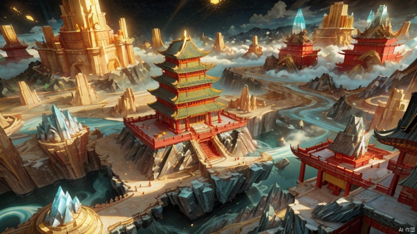  Miniature landscape, Chinese three-dimensional landscape painting, Zen aesthetics, Zen composition, Chinese architectural complex, ore crystallization, flowing particles, macro lens, rich light, luminous mountains, mountains, clouds, minimalism, extreme details, incomparable details, film special effects, lifelike, 3D rendering,finedetails,
Gold mines,

The Golden Mountain Range,
