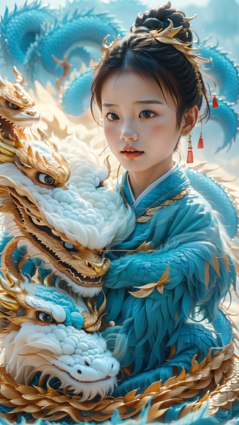  1girl, 5 years old, cute, photo, real, masterpiece, 32k, best quality, Chinese dragon,blue,