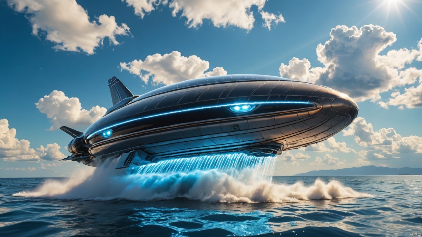  (Speedboat spacecraft 1.0),
(Jet hole blue flame and lightning 1.0),
(Spacecraft in the shape of flying water droplets 1.9),
(Adequate sunlight 1.5),
(Lightning materials 1.0),
(Optical materials 1.0),
(Alien spacecraft 1.0),
(Glass material 1.0),
(Water material 1.5),
Overlooking,,sea,Representative,boutique, Ultra HD, 
, reflection, masterpiece, true light and shadow, wide Angle, outdoors, sky, day, cloud, 
, blue sky, no humans, nature, scenery, Water, beach, ufo, ufo,, A perfectly curved building, (Alien spacecraft 1.9)
