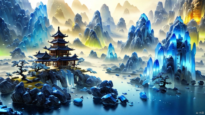  Miniature landscape, Chinese Tang Dynasty landscape painting, Zen aesthetics, Zen composition, Chinese architectural complex, transparent quartz crystal, X-ray crystallography, colored glaze,  luminescence, cyan light, ice silk fiber, macro lens, rich light, luminous mountains, mountains, clouds and mist, depth of field, extreme detail, incomparable detail, film special effects, realistic, 3D rendering, fine detail
