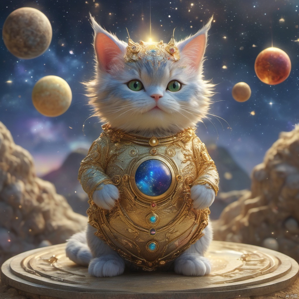  master piece, high quality, fat cute kitten , with a belly, fat,cute, wu,In space,
Planets made of gold and gemstone materials,, gold and gemstones,Sunrise,
Holy radiance,The solar system made of gold and gemstones, shine eyes01,A glowing planet,