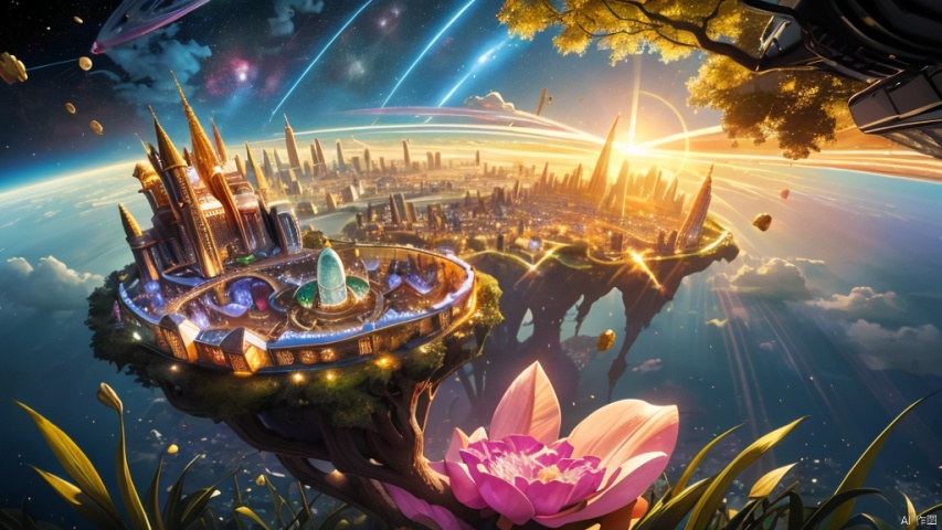 Cities in space,

The clear sky stretches for thousands of miles,

UFO made of gemstones,

Multiple cities floating in the air,

A city made of gold and gemstones,

Clear,

Sunrise,

eye view,

Wonderland scenery,

The tree made of gemstones shines brightly,

Holy radiance,

The emerald grass shines brightly,