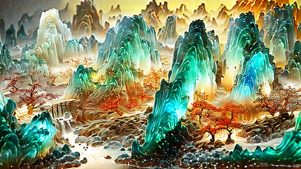  Micro landscape, Chinese Tang Dynasty landscape painting, Zen aesthetics, Zen composition, Chinese architectural complex, transparent quartz crystals, transparent mountains, glass luster, deserts, rocks, flowing luminous particles, macro lens, rich light, luminous mountains, steep mountains, clouds and fog, minimalism, extreme details, unparalleled details, movie special effects, realism, 3D rendering, fine details

