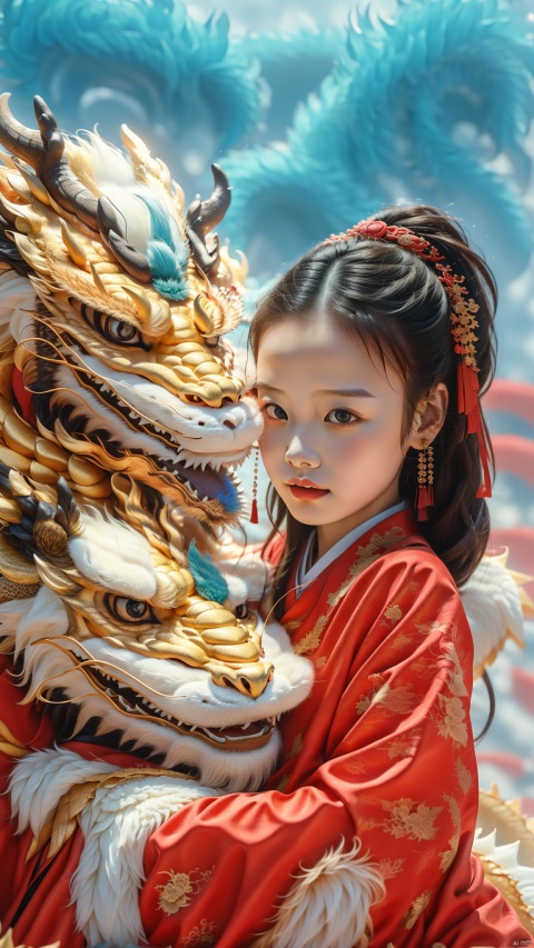  1girl, 5 years old, cute, photo, real, masterpiece, 32k, best quality, Chinese dragon,red