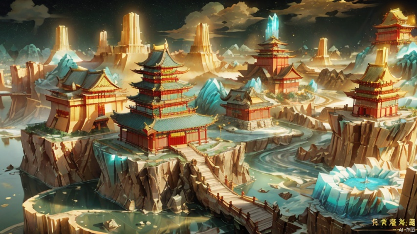  Miniature landscape, Chinese three-dimensional landscape painting, Zen aesthetics, Zen composition, Chinese architectural complex, ore crystallization, flowing particles, macro lens, rich light, luminous mountains, mountains, clouds, minimalism, extreme details, incomparable details, film special effects, lifelike, 3D rendering,finedetails,
Gold mines,

The Golden Mountain Range,