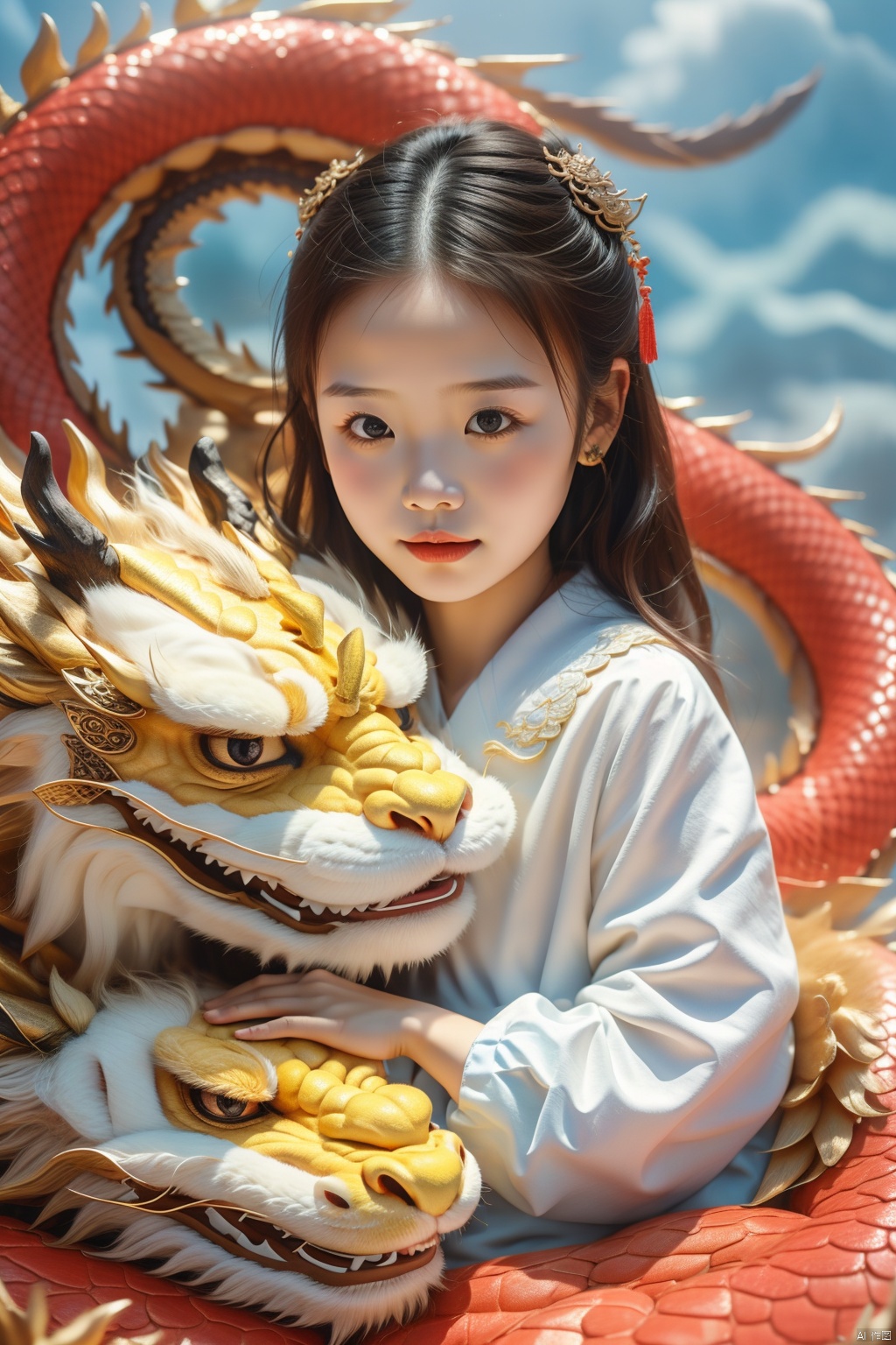  1girl, 5 years old, cute, photo, real, masterpiece, 32k, best quality, Chinese dragon,yellow.