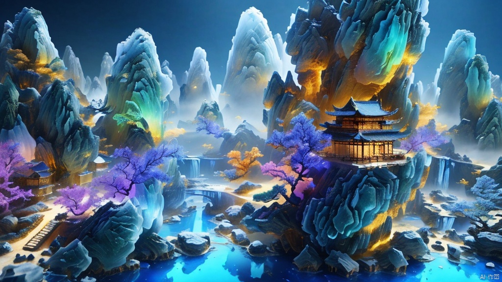  Micro landscape, Chinese three-dimensional landscape painting, Zen aesthetics, Zen composition, Chinese architectural complex, blue copper mine, peacock green, flowing particles, macro lens, rich light, glowing mountains, high mountains, clouds, minimalism, ultimate details, unparalleled details, electric effects, realism, 3D rendering, fine details