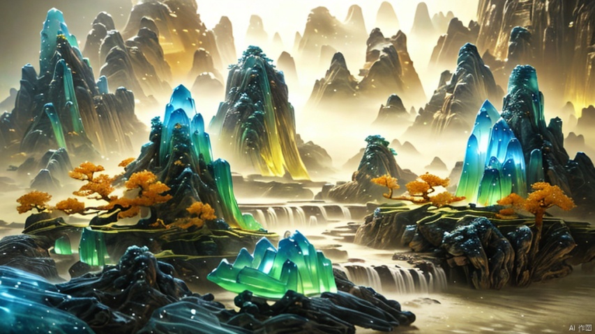  Miniature landscape, Chinese Tang Dynasty landscape painting, Zen aesthetics, Zen composition, Chinese architectural complex, transparent quartz crystal, X-ray crystallography, colored glaze, luminescence, golden glow, ice silk fiber, macro lens, rich light, luminous mountains, mountains, clouds and mist, depth of field, extreme detail, incomparable detail, film special effects, realistic, 3D rendering, fine detail