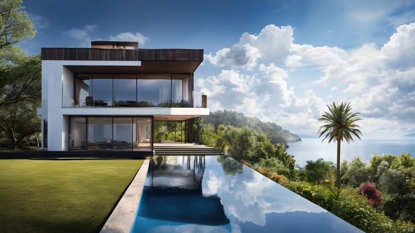  (Villa 1.5),(),(),
Overlooking,(Representative), (boutique), Ultra HD, 
, reflection, masterpiece, true light and shadow, wide Angle, outdoors, sky, day, cloud, 
, tree, blue sky, no humans, nature, scenery, SDXL, Villa, sea,