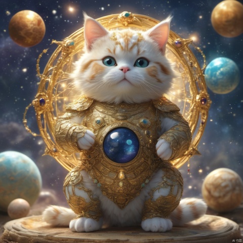  master piece, high quality, fat cute kitten , with a belly, fat,cute, wu,In space,
Planets made of gold and gemstone materials,, gold and gemstones,Sunrise,
Holy radiance,The solar system made of gold and gemstones, shine eyes01,A glowing planet,